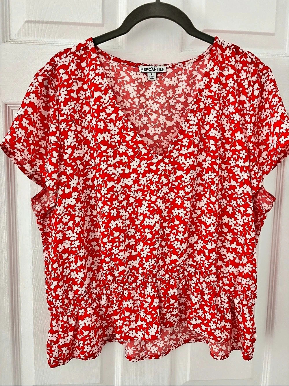 J.Crew Mercantile Floral V-Neck Peplum Top Red & White